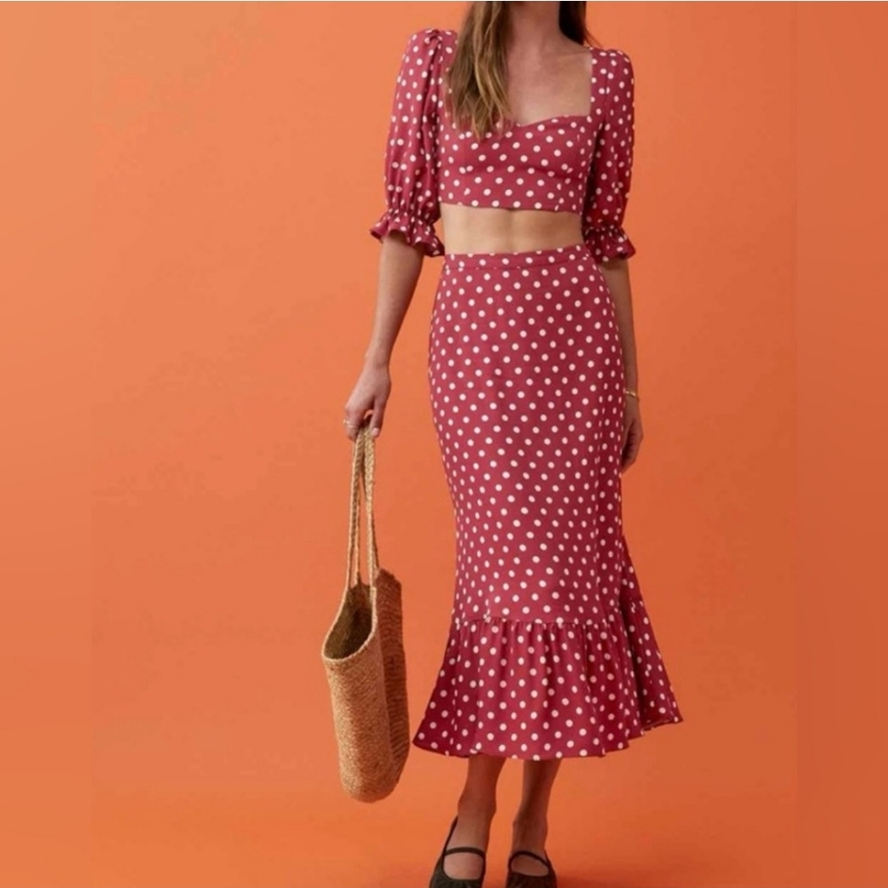Reformation Pink Polka Dot Two-Piece Crop Top & Midi Skirt